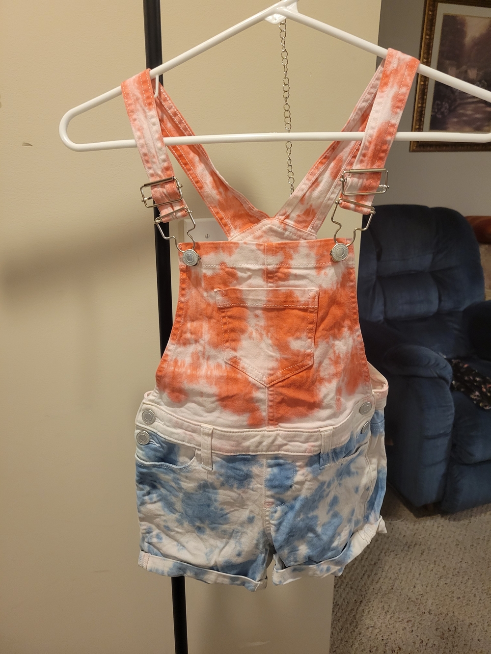 SO Tie-Dye Orange & Blue Kids Short Overalls - Picture 2 of 4